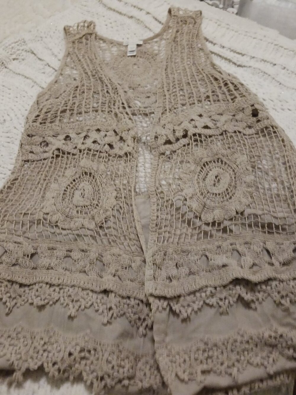 Long Crochet Beige Vest